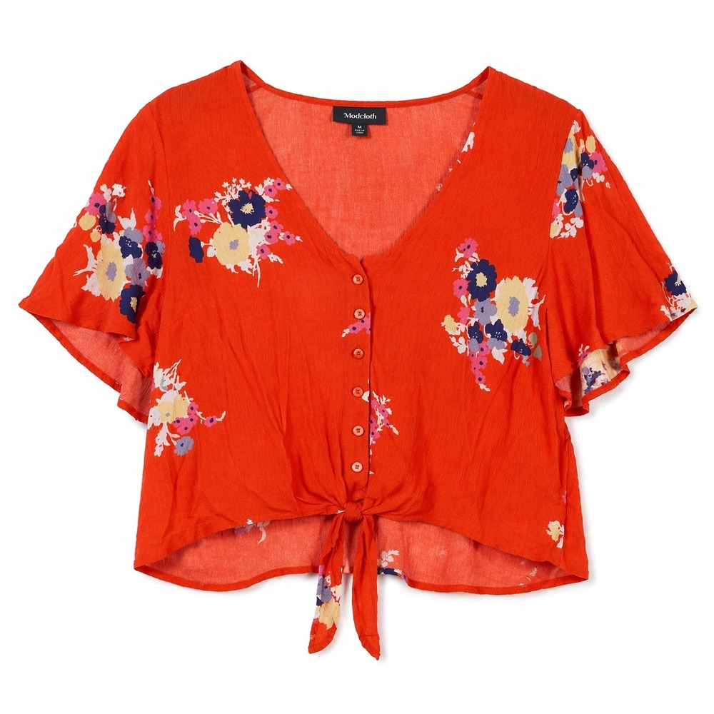 ModCloth Red Floral Flutter Sleeve Tie Front Crop Top Blouse M Dopamine Rainbow